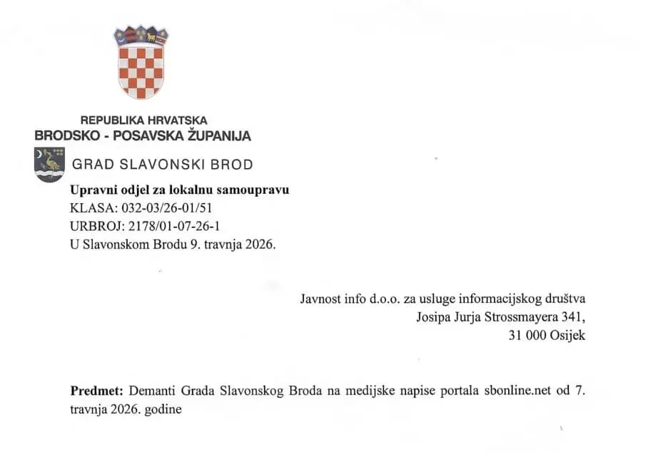 Demanti Grada Slavonskog Broda na medijske napise portala sbonline.net od 7. travnja 2026. godine