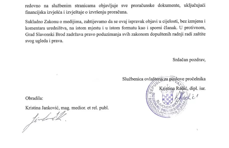 Demanti Grada Slavonskog Broda na medijske napise portala sbonline.net od 7. travnja 2026. godine