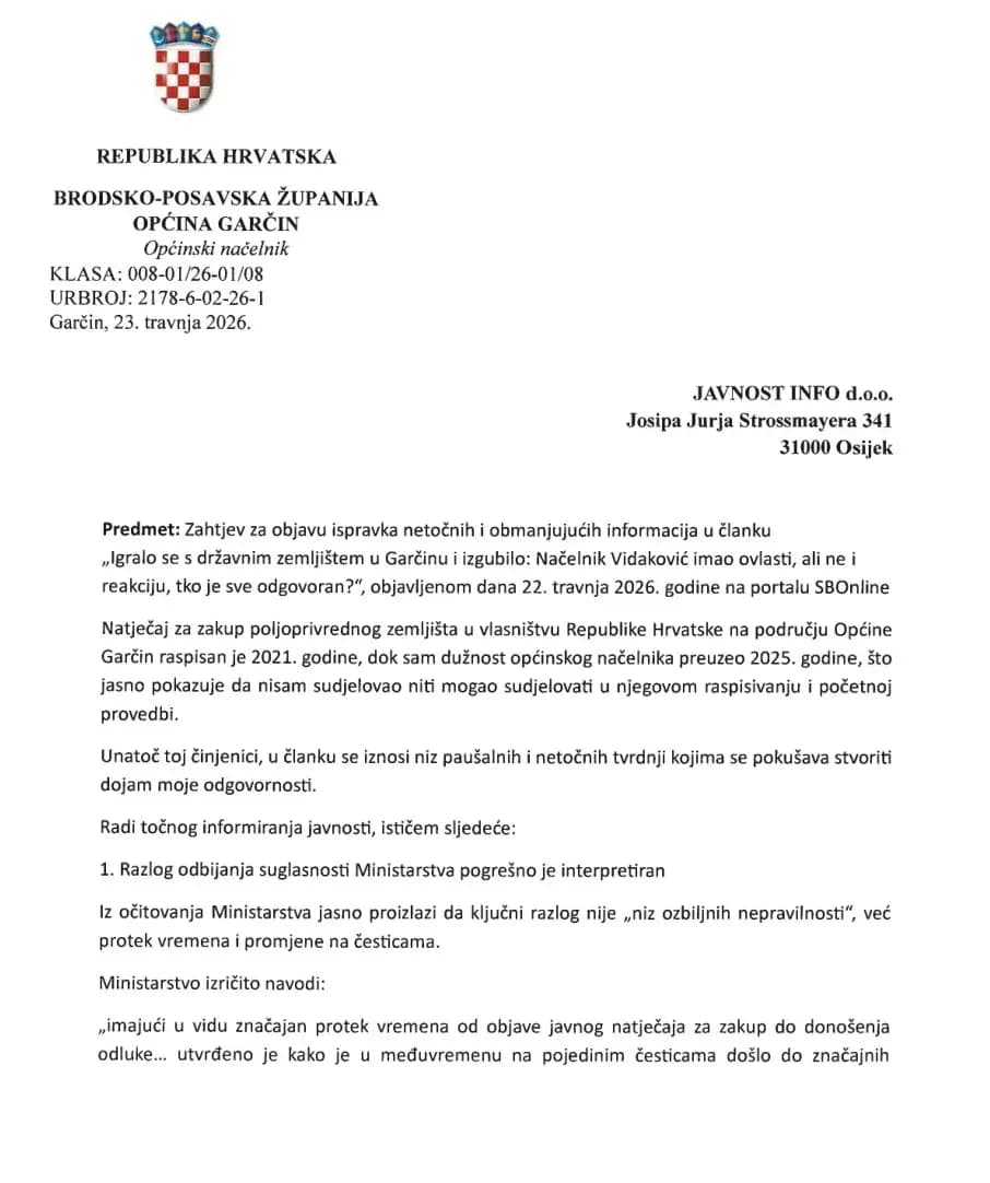 Objavljujemo Zahtjev općinskog načelnika Garčina Josipa Vidakovića